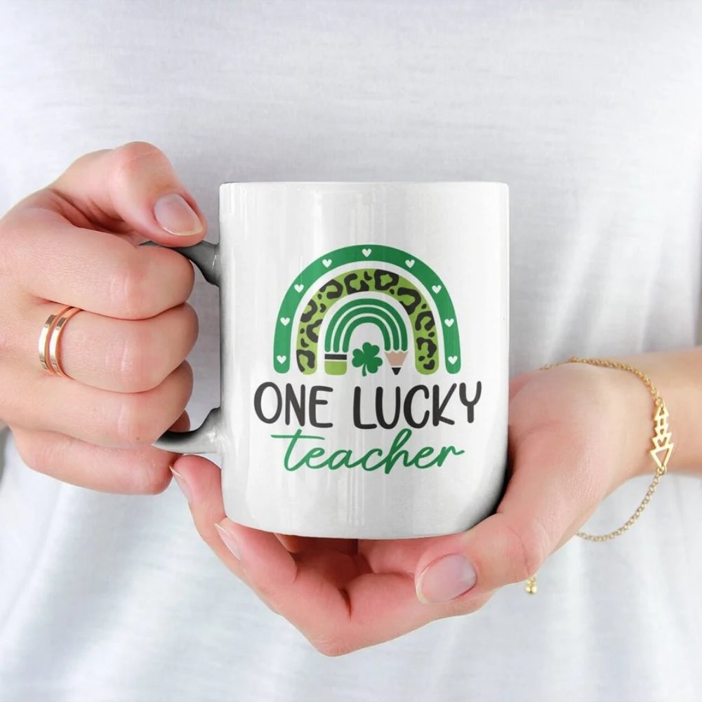 One Lucky Teacher Coffee Mug, Green Rainbow Pencil, St. Patrick's Day White 11oz